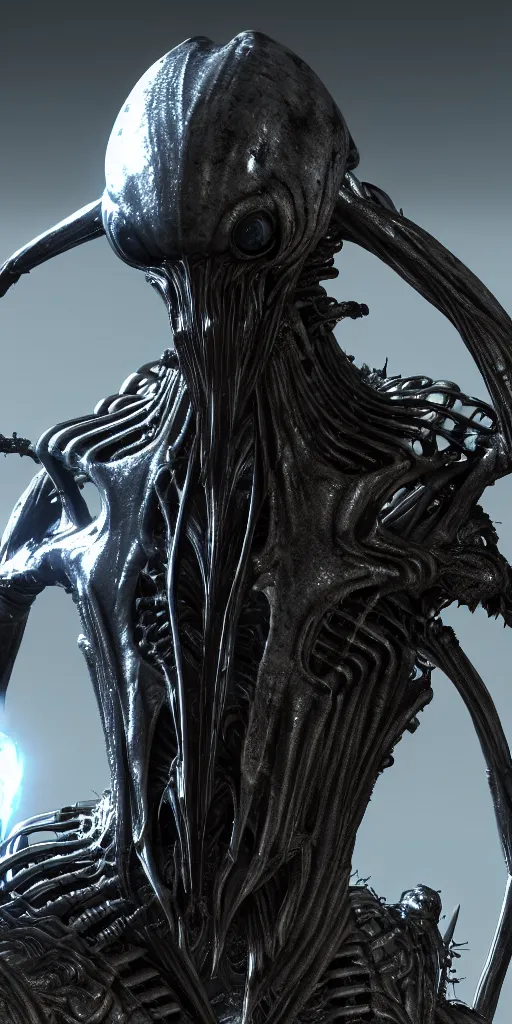 Image similar to futuristic alien with lasers eldenring boss. fromsoftware, dark souls, eldenring, screenshot, extremely detailed, insanely detailed, realistic, zbrush, horror, bloodbourne, h. r. giger