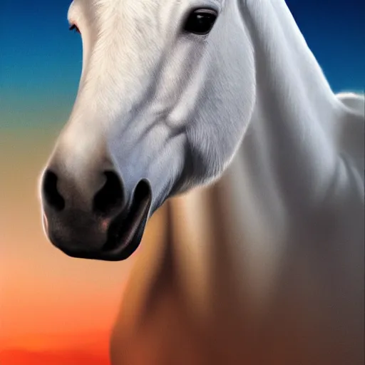 Image similar to harrison ford on a white stallion, photogenic, realistic, sunset, detailed, 4 k