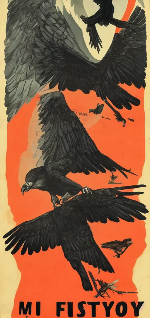 Image similar to mistery man in hood and red eyes with a knife, and a vulture, 1940s propaganda poster, full hd,highly detailed
