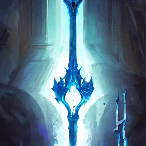 Image similar to showcase of a fantasy greatsword glowing with blue magical power, art by greg rutkowski