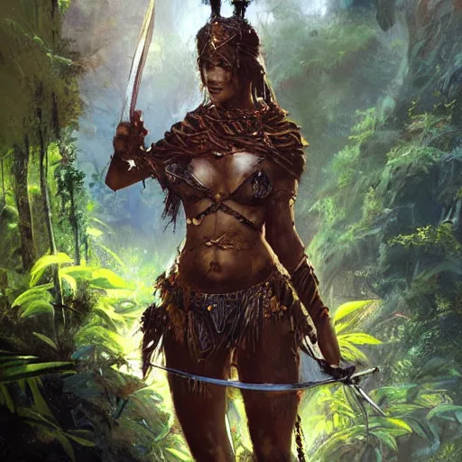 Image similar to a beautiful warrior woman with a legendary sword, detailed, jungle, by craig mullins _ w 7 0 0