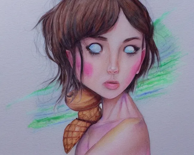 Image similar to a girl with the ice cream watercolor colored pencil painting trending on artstation