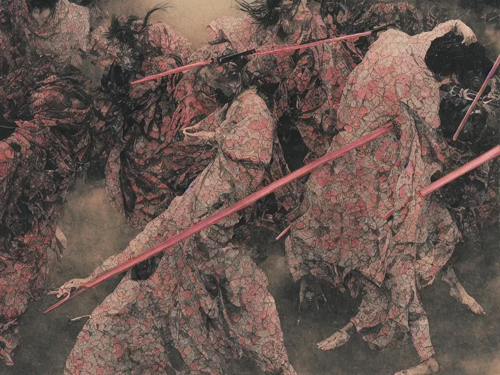 Prompt: Japanese schoolgirl runs away from Samurai with a katana on the subway, high detailed Beksinski painting, part by Adrian Ghenie and Gerhard Richter. art by Takato Yamamoto.