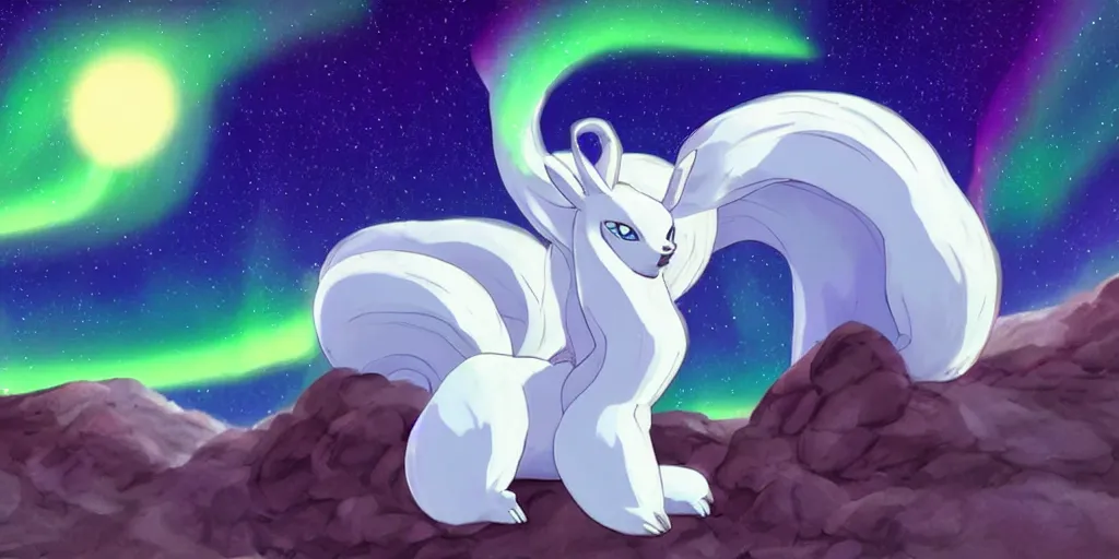 Image similar to Alolan Ninetales shiny, standing on an snowy hill with an aurora borealis in the night sky, Pokémon,