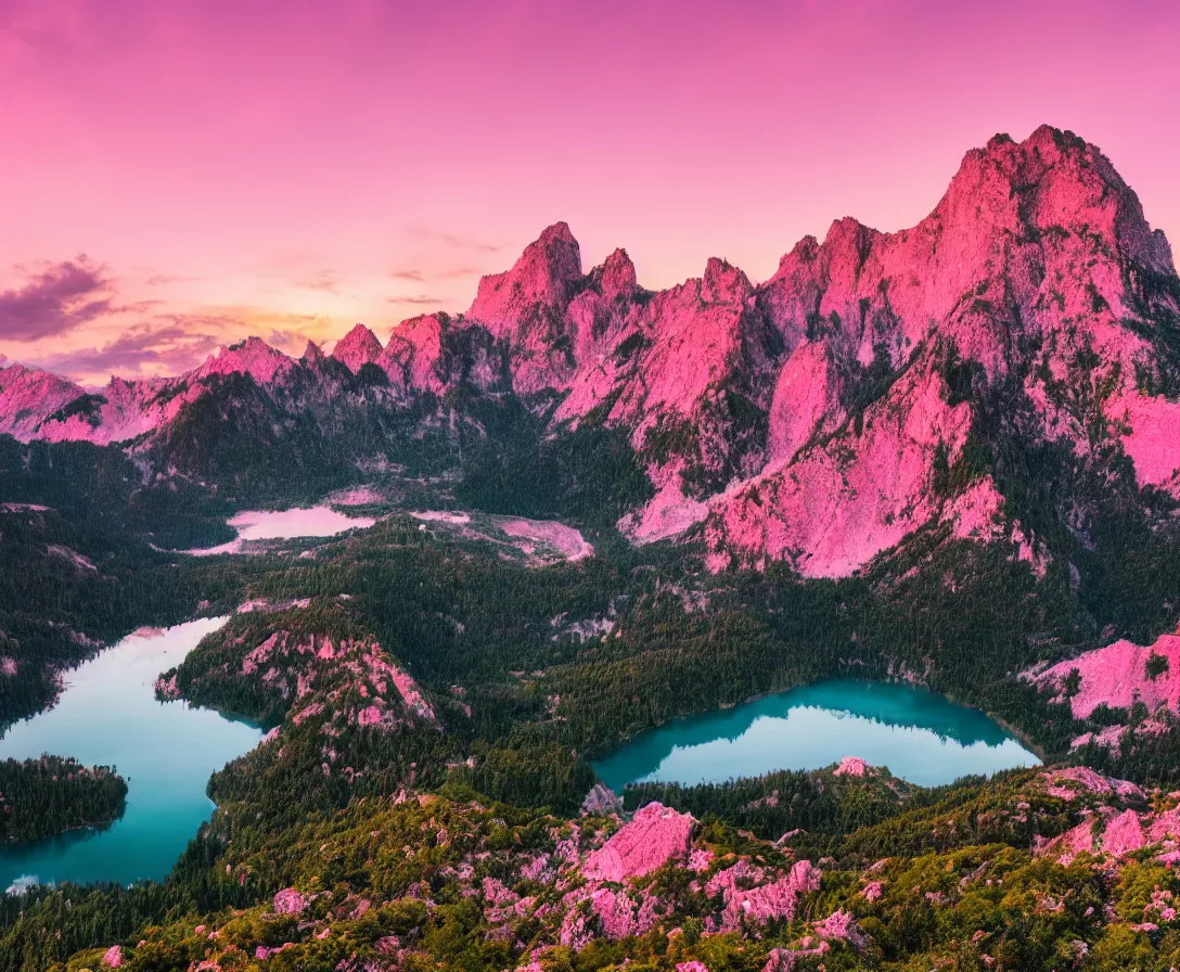 Image similar to wide angle photography, majestic mountains, beautiful lake, lush landscape, pink sky, sunset, high res, 8k