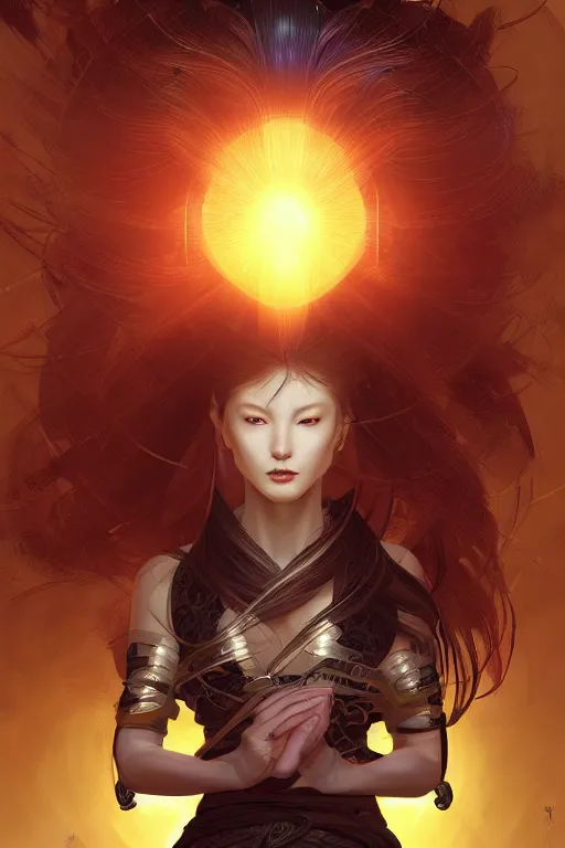 Image similar to beautiful female Ninja, mystery and gorgerous and stunning portrait+shiny eyes+light flowing hair, in mudra and firefly night ruin tokyo temple, ultradetail face, art and illustration by tian zi and craig mullins and WLOP and alphonse mucha, dynamic light, ssci-fi, fantasy, intricate complexity, human structure, fantasy world concept, watermark, blurry, hyperrealism 8k