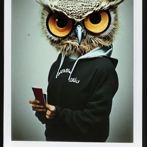 Image similar to anthropomorphic owl in a hoodie, holding a magazine, 9 0 - s fashion, polaroid photo, by warhol,