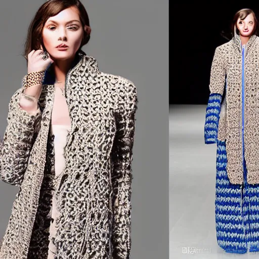 Image similar to fashion 2 0 5 0 fantastic openwork long coat with intricate pattern on a beautiful symmetrical girl with blue hair, hyper realistic photos