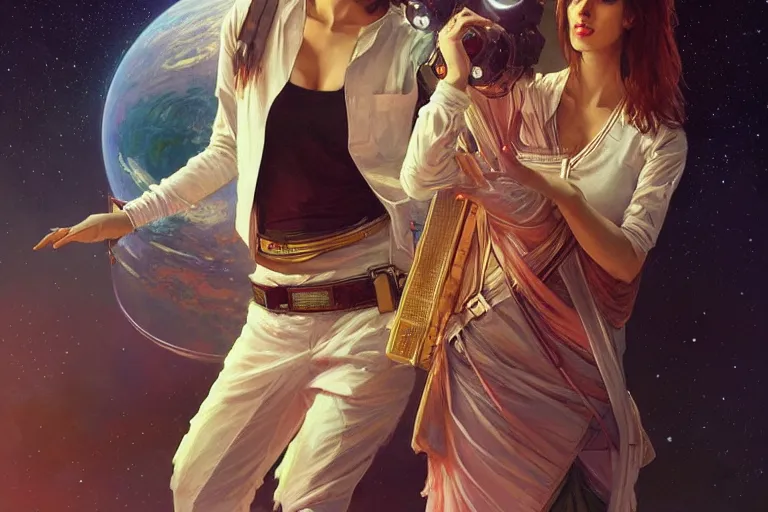 Image similar to Sensual good looking pale young Indian doctors wearing jeans in a space station above Earth, portrait, elegant, intricate, digital painting, artstation, concept art, smooth, sharp focus, illustration, art by artgerm and greg rutkowski and alphonse mucha