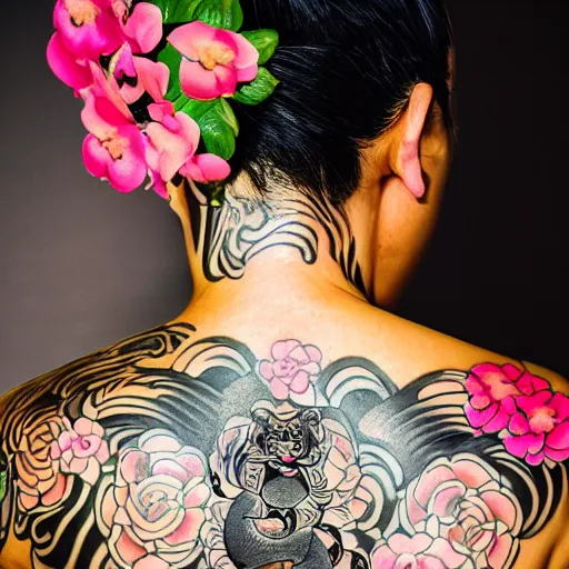 Image similar to photography of the back of a woman with a black detailed irezumi tatto representing a gold tiger with pink flowers on her entire back, dark hangar background, mid-shot, editorial photography