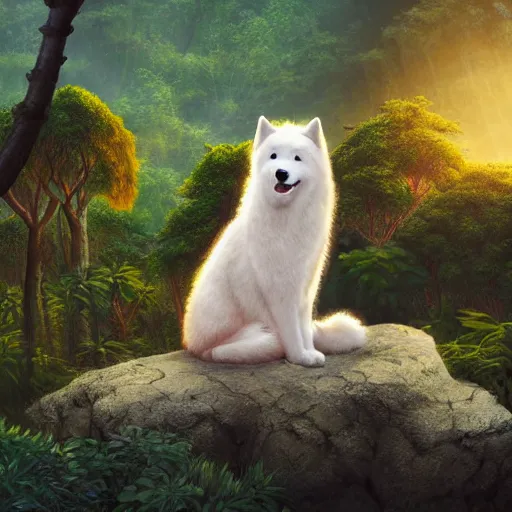 Image similar to a samoyed dog seated on a rock in a jungle!, mist, tropical trees, vines, birds, sunset!, fluffy clouds, warm colors, beautiful lighting, digital art, intricate details, trending on artstation
