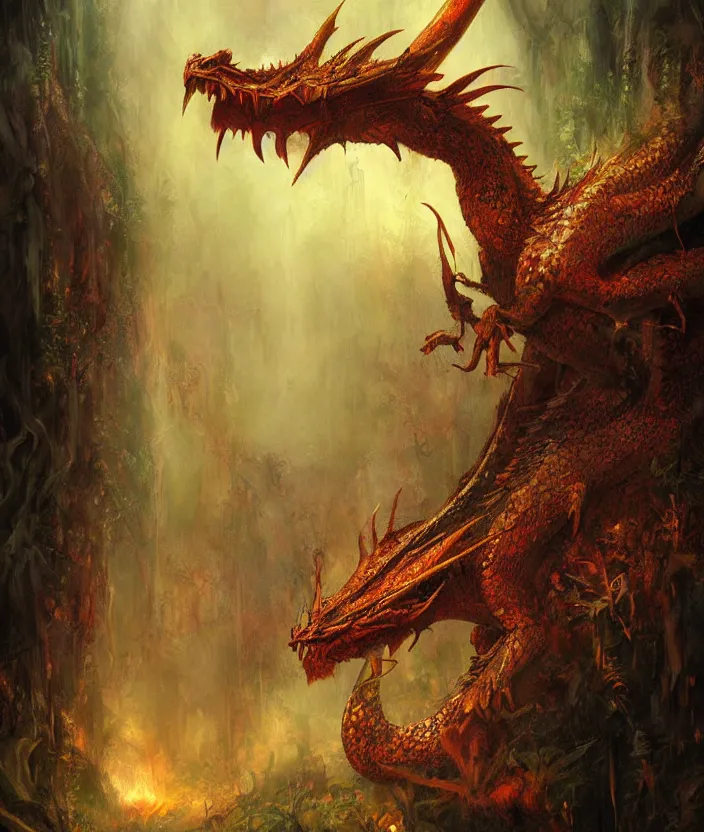 Prompt: Jungle Dragon, mysterious, fantasy artwork, godrays, warm colors, by seb mckinnon