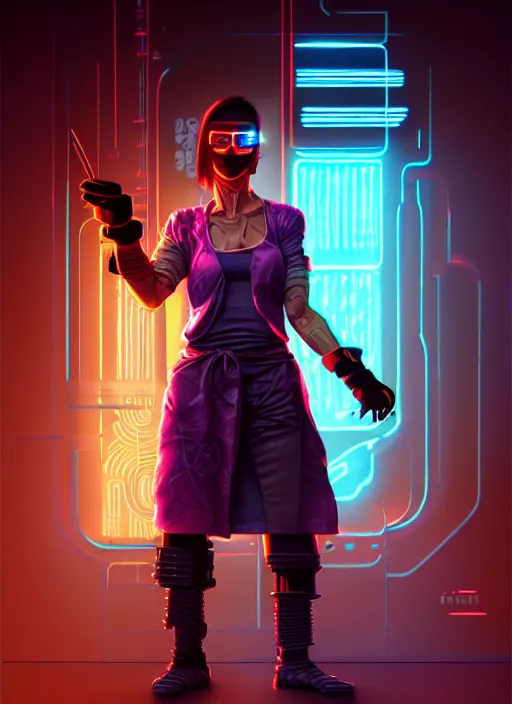 Image similar to cyberpunk neon chef character posing in a battle stance with cyber kitchen knives, scifi kitchen background, diffuse lighting, fantasy, intricate, highly detailed, lifelike, photorealistic, digital painting, artstation, illustration, concept art, smooth, sharp focus, art by john collier and albert aublet and krenz cushart