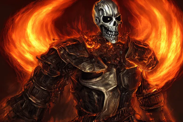 Prompt: Ghost Rider penance stare, headshot photo, dark souls concept art, dramatic lighting, highly stylized, high-quality wallpaper, desktopography
