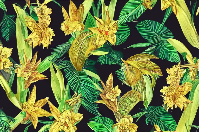 Prompt: photorealistic print of exotic, elegant tropical prints : : black background, green surreal plants, golden flowers, art nouveau, trending on artstation