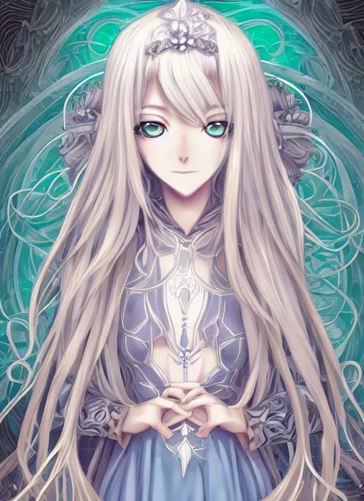 Prompt: visual novel character sprite, symmetrical full body shot with no background, stunningly beautiful asi goddess with beautiful hyperdetailed symmetrical face, porcelain skin covered in long white dress, long white hair and mesmerizing cold ice blue eyes, symmetrical, overwhelming, innocent, ethereal, live 2 d anime style, 8 k