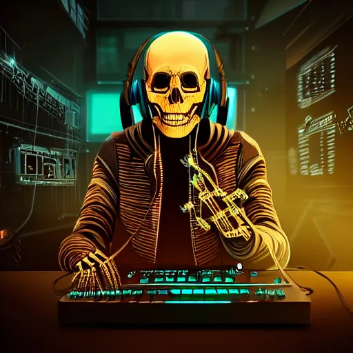 Image similar to cyberpunk skeleton with headphones playing synthesizer, smoke, lights, lasers, highly detailed, realistic, technology and magic,