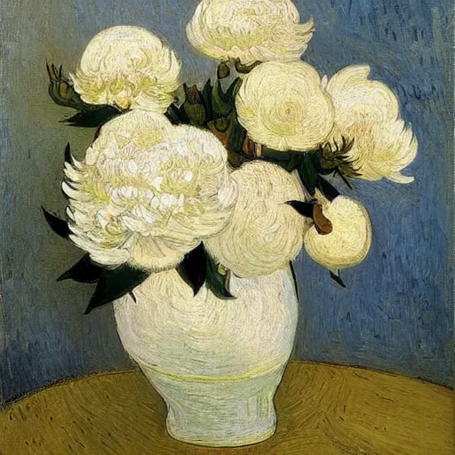 Image similar to atmospheric beautiful bouquet of white delicate peonies in the sunny room of his beloved wife, wang gogh wrote