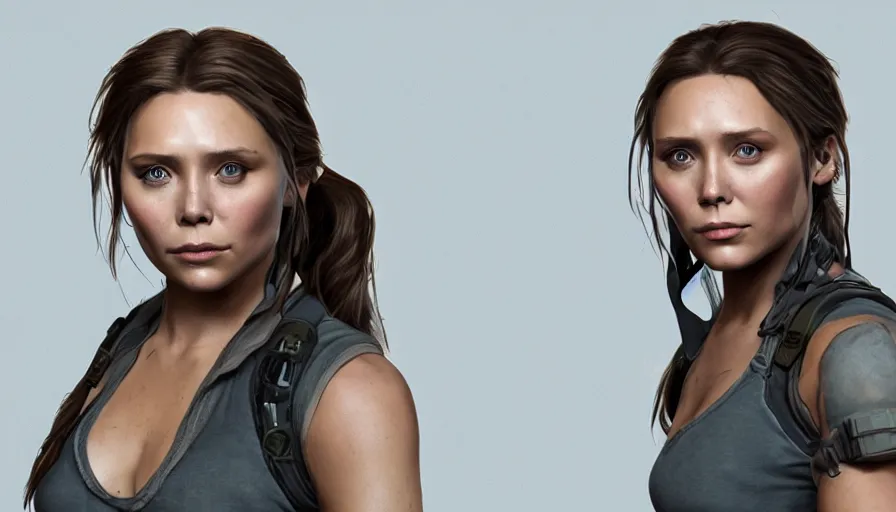 Prompt: elizabeth olsen is lara croft from tomb raider, grey background, hyperdetailed, artstation, cgsociety, 8 k