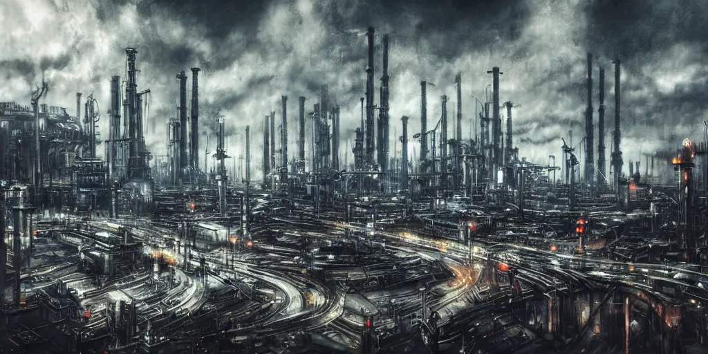 Prompt: futuristic science-fiction landscape of the world of machines, huge mechanical towers buildings and bridges, ground full of factories and pipes, under a dark cloudy sky, in the style of Blade Runner, very detailed, photo realistic