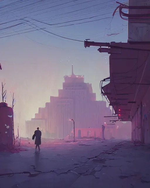 Image similar to a beautiful painting of apocalyptic soviet ruined city, by simon stalenhag, cory loftis, james gilleard, atey ghailan, rim light, exquisite lighting, clear focus, very coherent, plain background, soft painting