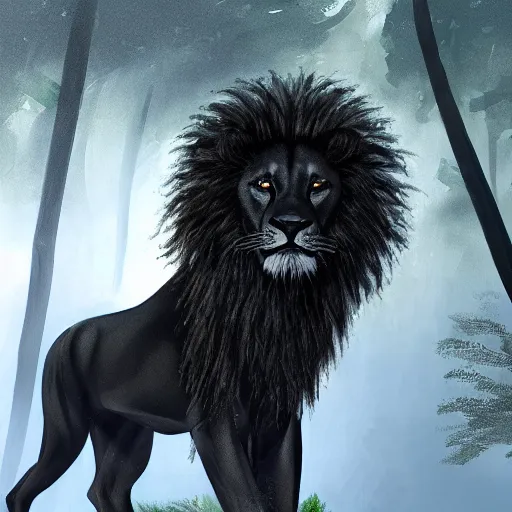 Image similar to portrait of a black lion with gold lightnings in the fur in the middle of the forest , concept art, huge scale, photorealistic, high details by Nick Nichols