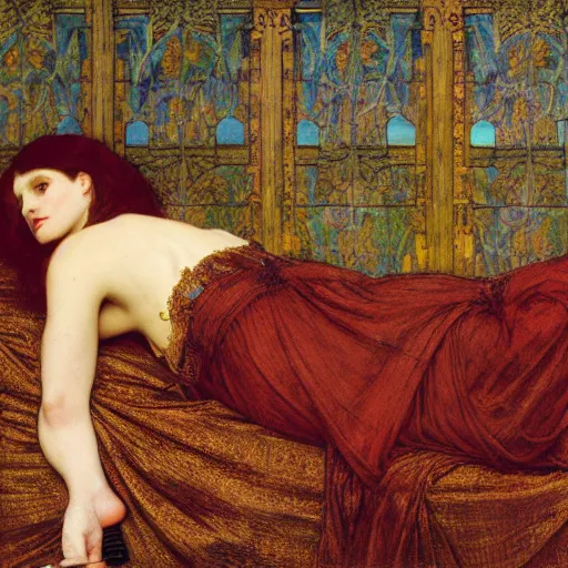 Image similar to preraphaelite photography reclining on bed, a hybrid of judy garland and nicole richie, aged 2 5, big brown fringe, wide shot, yellow ochre ornate medieval dress, john william waterhouse, kilian eng, rosetti, john everett millais, william holman hunt, william morris, 4 k