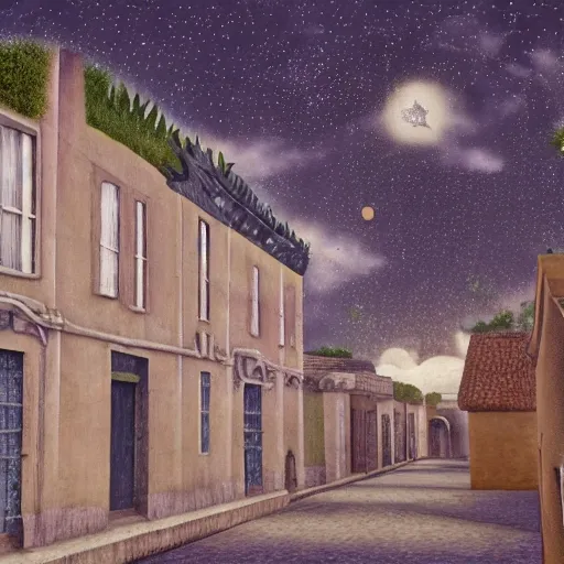 Prompt: fresco on a building, with dragon and falling stars, dark faded colors, in style of henri rousseau, highly detailed, unreal engine, photorealism