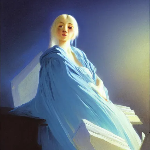 Image similar to a young woman's face, her hair is white and she wears an indigo blue satin cloak, by ivan aivazovsky and syd mead and moebius and gaston bussiere and roger dean and pieter claesz and paul delaroche and alma tadema and aelbert cuyp and isaac levitan, hyperrealistic, volumetric light, octane render