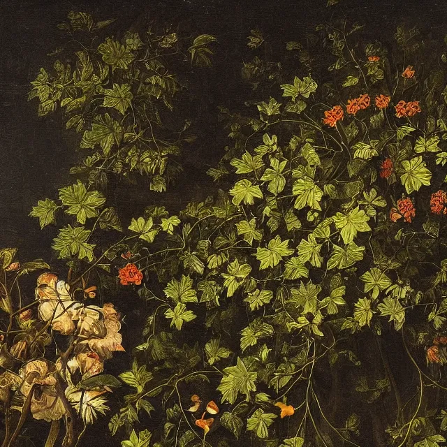 Image similar to a painting of ivy in a garden at night, black background, a flemish baroque by jan van kessel the younger, intricate high detail masterpiece