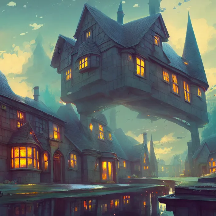 Prompt: Authentic illustrations of Different Houses in Harry Potter,Magnificent super wide angle,high quality, 8k,high resolution, city landscape, side scrolling, 4K, Retrofuturism,by makoto shinkai,Anton Fadeev, thomas kinkade,greg rutkowski