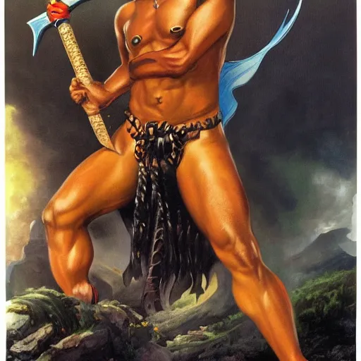 Image similar to wide angle portrait of Barak Obama as a barbarian warrior Boris Vallejo