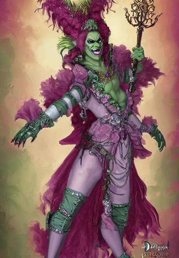 Image similar to d&d character artwork of an orc drag queen who is wearing a very girly prissy frilly rococo ballgown outfit and a huge rococo updo pouf wig, orc with green skin, drag, girly, fabulous, D&D, fantasy artwork, highly detailed, digital painting, artstation, smooth, sharp focus, illustration, art by artgerm and greg rutkowski and alphonse mucha