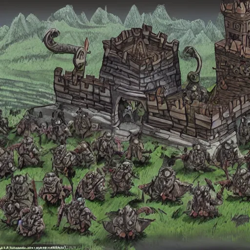 Prompt: a human fortress overrun by a horde of attacking goblins,extremely detailed multiple unique different art styles.