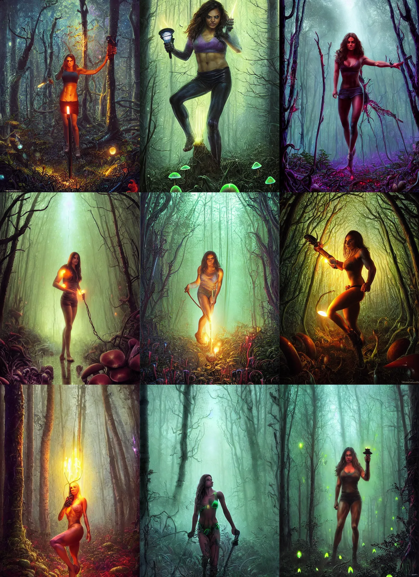 Image similar to muscled Mila Kunis holding a torch in a foggy neon lighted mushroom forest, rainbox fireflies, misty bokeh, long shadows, creepy creatures hiding, Donato Giancola, Mark Brooks, Ralph Horsley, Charlie Bowater, Artgerm, Christopher Balaskas, Bastien Lecouffe-Deharme