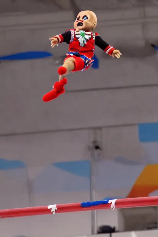 Image similar to screaming chucky doll performing high dive at olympics