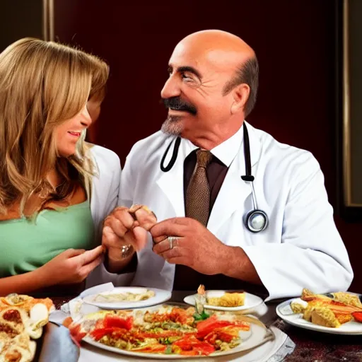 Image similar to dr phil takes you out on a date, olive garden, intimate, warm atmosphere, cheerful, loving