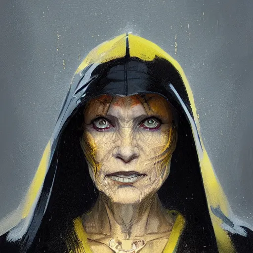 Image similar to portrait of a woman by greg rutkowski, a woman with yellow skin, black lips wearing black robes and a hodd, evil energy, star wars expanded universe, she is about 6 0 years old, highly detailed portrait, digital painting, artstation, concept art, smooth, sharp foccus ilustration, artstation hq