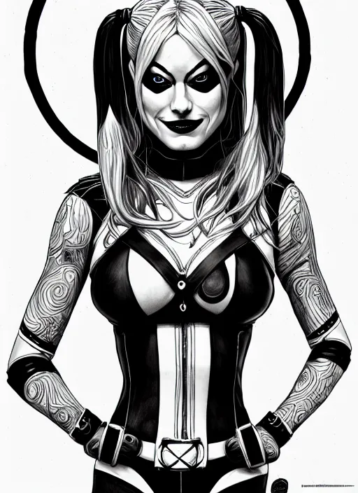 Image similar to symmetry concpet art, full shot, traditional ink, sketch, of olivia wilde as harley quinn, line sketch, intricate, elegant, highly detailed, monochrome, digital painting, artstation, concept art, sharp focus, illustration, art by borderlands 3 and peter polach