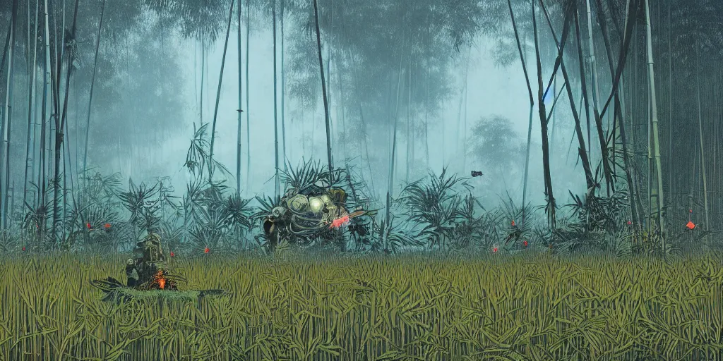 Prompt: grainy risograph matte painting of gigantic huge mech covered with wounds, blue, exotic vegetation, trees, flowers, tall bamboo grass, pastel matte colors, staying in the foggy huge swamp covered with web and cotton, fireflies, by moebius, kim jung gi, hyperrealism