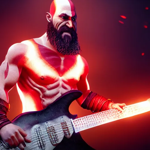 Image similar to kratos shredding on a flaming stratocaster guitar, cinematic render, god of war 2 0 1 8, santa monica studio official media, lightning, spartan rage, head turned