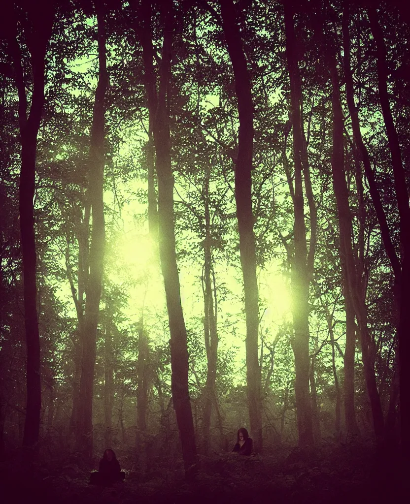 Image similar to “ dense dead forest with glowing orbs, woman sitting ”