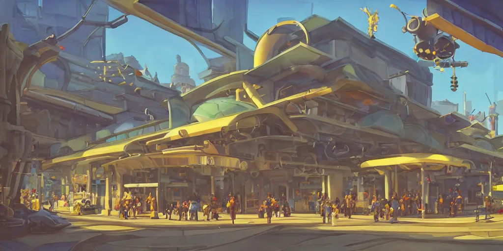 Prompt: overwatch building, stylized, exterior, architecture, in watercolor gouache detailed paintings, insanely detail, artstation, 8 k, futuristic, big medium small, arcane, simon stalenhag, food stall, interesting shapes & form, golden ratio, megastructures, vitaly bulgarov, mall, jungle, environment, nature