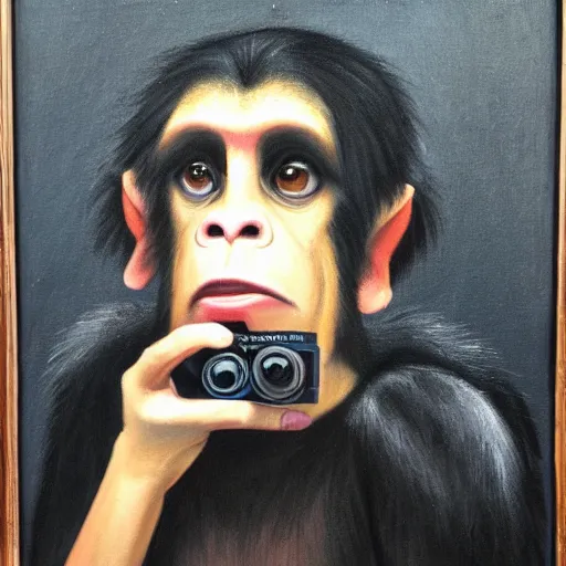 Image similar to Portrait of an Emo monkey holding a camera, oil painting