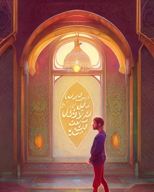 Image similar to chis pratt in front of an big open quran highly detailed, gold filigree, romantic storybook fantasy, soft cinematic lighting, award, disney concept art watercolor illustration by mandy jurgens and alphonse mucha and alena aenami, pastel color palette, featured on artstation