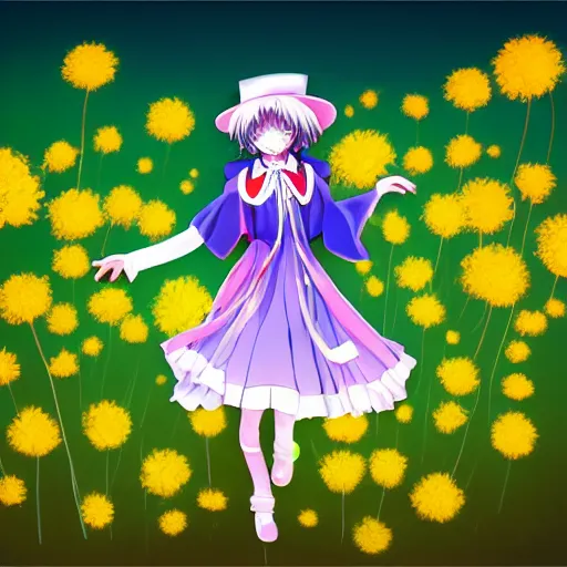 Prompt: Komeiji Koishi dancing in a field of dandelions, anime, Touhou, digital art, soft lighting