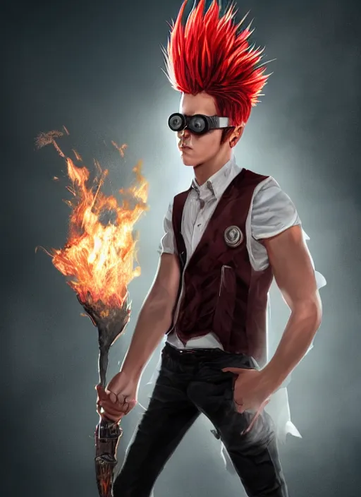 Image similar to An epic fantasy comic book style portrait painting of young man with long red spiked hair. Wearing a black waistcoat, white shirt, using googles. Blasting fire on his hands. Unreal 5, DAZ, hyperrealistic, octane render, cosplay, RPG portrait, dynamic lighting