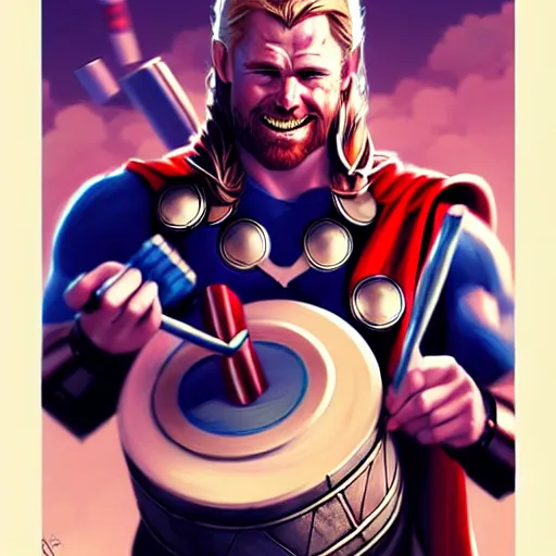 Image similar to thor playing the bongos, comic style by guweiz and stanley artgerm, extremely high quality artwork, very detailed, trending on artstation