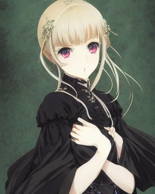 Image similar to victorique de blois anime girl gosick super detailed green eyes green eyes green eyes green eyes black dress black dress black dress black dress blonde hair by greg rutkowski makoto shinkai aramaki shinji artgerm, cushart krenz key art feminine award winning smile haruko ichikawa, kyoto animation, square enix makoto shinkai mouth