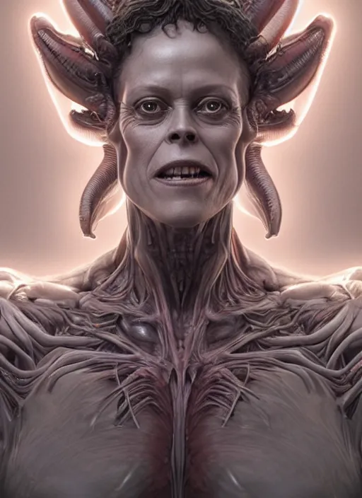 Image similar to an organic anatomical portrait of sigourney weaver blended with a xenomorphic alien queen, twisting organic tendrils, haze, highly detailed, hyper real, futuristic, volumetric interior lighting, artstation, unreal engine render 8 k greg rutkowski, hr giger